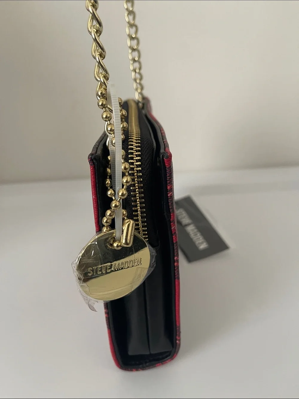 Steve Madden Red and Black Plaid Crossbody Bag with Gold Accents